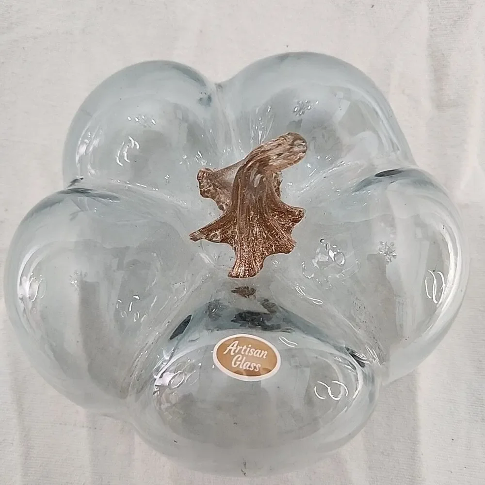 Glass Pumpkin Clear W/ Gold Glitter Shimmer Stem Hand Blown Artisan 7